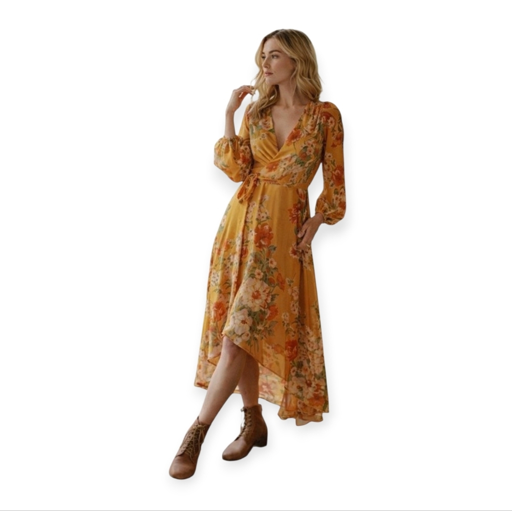 Christy Dawn The Bergen Wrap Dress Yellow Floral Size Small